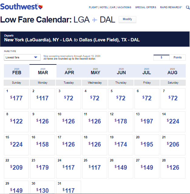 low fares southwest airlines calendar